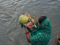 Hindu devotees perform rituals and offer prayers to the rising Sun God on the banks of the Bagmati River during the 'Chhath Puja' festival i...