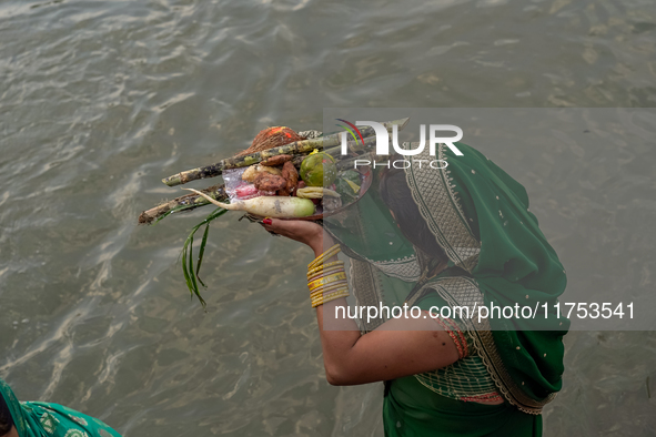 Hindu devotees perform rituals and offer prayers to the rising Sun God on the banks of the Bagmati River during the 'Chhath Puja' festival i...