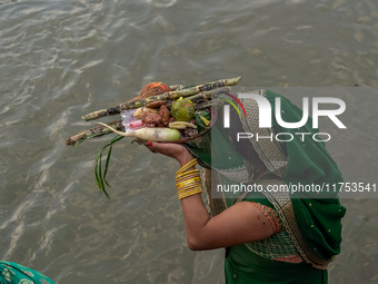 Hindu devotees perform rituals and offer prayers to the rising Sun God on the banks of the Bagmati River during the 'Chhath Puja' festival i...