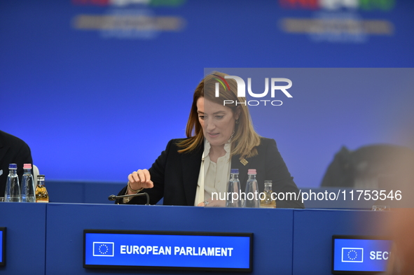 Roberta Metsola, President of the European Parliament, attends the plenary session of the meeting of Heads of State or Government of the Eur...