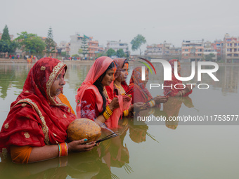 Devotees worship the rising sun in Kamalpokhari, Bhaktapur, on the last day of the Chhath Festival. Chhath is a Hindu festival dedicated to...