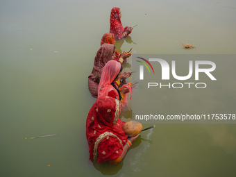 Devotees worship the rising sun in Kamalpokhari, Bhaktapur, on the last day of the Chhath Festival. Chhath is a Hindu festival dedicated to...