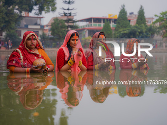 Devotees worship the rising sun in Kamalpokhari, Bhaktapur, on the last day of the Chhath Festival. Chhath is a Hindu festival dedicated to...