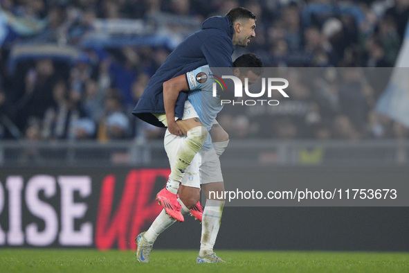 Pedro of S.S. Lazio celebrates with his teammate Mattia Zaccagni of S.S. Lazio the victory of the UEFA Europa League 2024/25 League Phase MD...