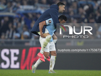 Pedro of S.S. Lazio celebrates with his teammate Mattia Zaccagni of S.S. Lazio the victory of the UEFA Europa League 2024/25 League Phase MD...