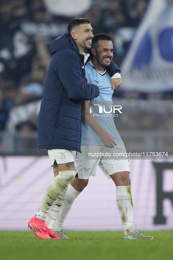 Pedro of S.S. Lazio celebrates with his teammate Mattia Zaccagni of S.S. Lazio the victory of the UEFA Europa League 2024/25 League Phase MD...