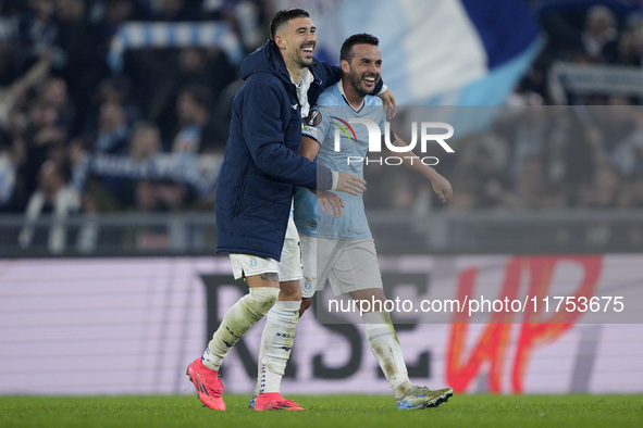 Pedro of S.S. Lazio celebrates with his teammate Mattia Zaccagni of S.S. Lazio the victory of the UEFA Europa League 2024/25 League Phase MD...