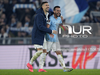 Pedro of S.S. Lazio celebrates with his teammate Mattia Zaccagni of S.S. Lazio the victory of the UEFA Europa League 2024/25 League Phase MD...