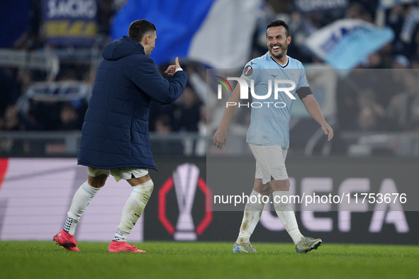 Pedro of S.S. Lazio celebrates with his teammate Mattia Zaccagni of S.S. Lazio the victory of the UEFA Europa League 2024/25 League Phase MD...