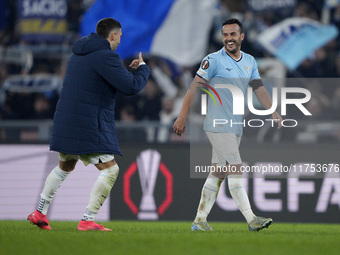 Pedro of S.S. Lazio celebrates with his teammate Mattia Zaccagni of S.S. Lazio the victory of the UEFA Europa League 2024/25 League Phase MD...