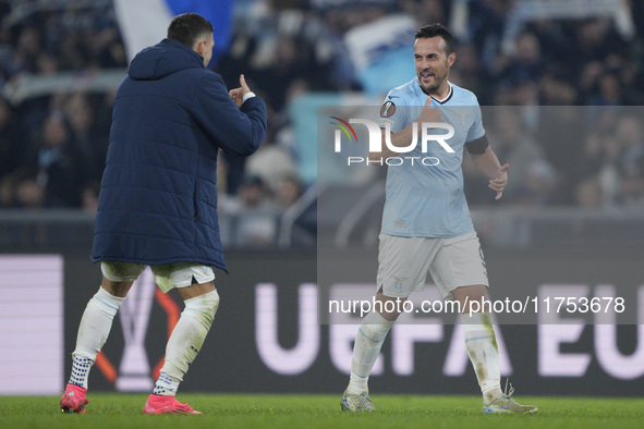 Pedro of S.S. Lazio celebrates with his teammate Mattia Zaccagni of S.S. Lazio the victory of the UEFA Europa League 2024/25 League Phase MD...