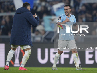 Pedro of S.S. Lazio celebrates with his teammate Mattia Zaccagni of S.S. Lazio the victory of the UEFA Europa League 2024/25 League Phase MD...