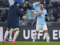 Pedro of S.S. Lazio celebrates with his teammate Mattia Zaccagni of S.S. Lazio the victory of the UEFA Europa League 2024/25 League Phase MD...