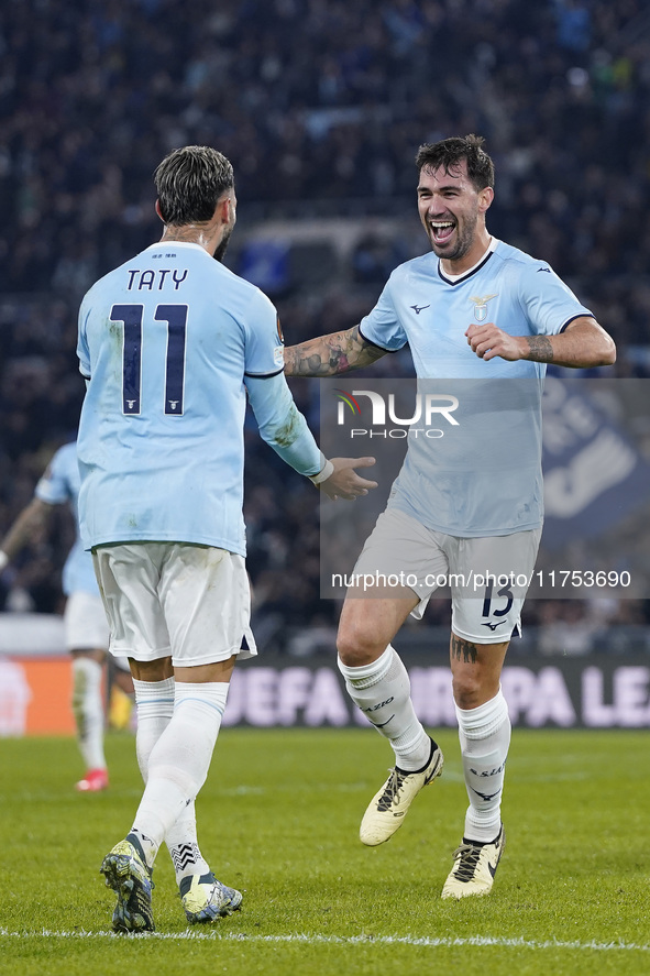 In Rome, Italy, on November 7, 2024, Alessio Romagnoli of S.S. Lazio celebrates after scoring a goal with his teammates during the UEFA Euro...