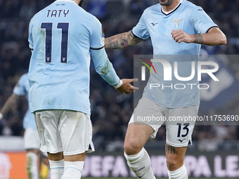 In Rome, Italy, on November 7, 2024, Alessio Romagnoli of S.S. Lazio celebrates after scoring a goal with his teammates during the UEFA Euro...