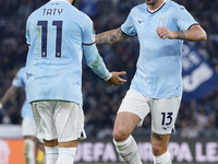 In Rome, Italy, on November 7, 2024, Alessio Romagnoli of S.S. Lazio celebrates after scoring a goal with his teammates during the UEFA Euro...