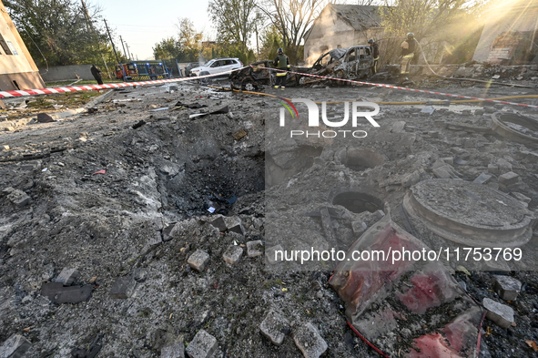 The crater from a Russian guided bomb is at an oncology dispensary in Zaporizhzhia, southeastern Ukraine, on November 7, 2024. Eight people,...