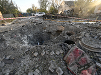 The crater from a Russian guided bomb is at an oncology dispensary in Zaporizhzhia, southeastern Ukraine, on November 7, 2024. Eight people,...