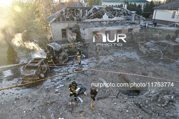 Rescuers are at an oncology dispensary damaged by a Russian guided bomb in Zaporizhzhia, Ukraine, on November 7, 2024. Eight people, includi...