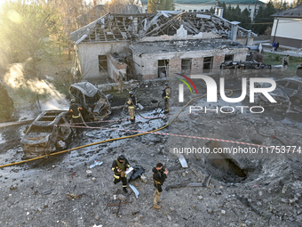 Rescuers are at an oncology dispensary damaged by a Russian guided bomb in Zaporizhzhia, Ukraine, on November 7, 2024. Eight people, includi...