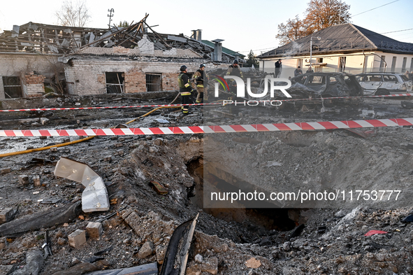 The crater from a Russian guided bomb is at an oncology dispensary in Zaporizhzhia, southeastern Ukraine, on November 7, 2024. Eight people,...