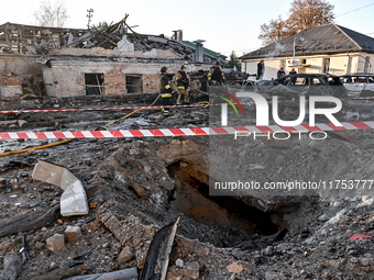 The crater from a Russian guided bomb is at an oncology dispensary in Zaporizhzhia, southeastern Ukraine, on November 7, 2024. Eight people,...