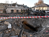 The crater from a Russian guided bomb is at an oncology dispensary in Zaporizhzhia, southeastern Ukraine, on November 7, 2024. Eight people,...