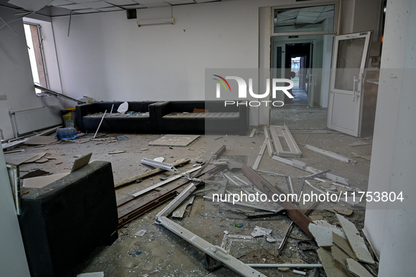 Debris covers the floor at an oncology dispensary damaged by a Russian guided bomb strike in Zaporizhzhia, Ukraine, on November 7, 2024. Eig...