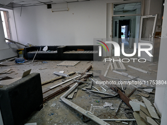 Debris covers the floor at an oncology dispensary damaged by a Russian guided bomb strike in Zaporizhzhia, Ukraine, on November 7, 2024. Eig...