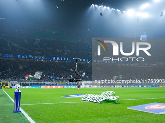 A broadcast 'Spider-Cam' is seen during the UEFA Champions League 2024/25 League Phase MD4 match between FC Internazionale and Arsenal at St...