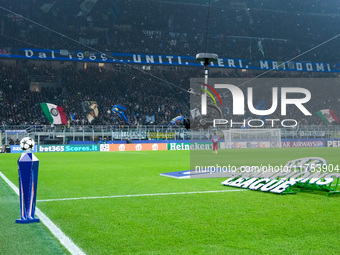 A broadcast 'Spider-Cam' is seen during the UEFA Champions League 2024/25 League Phase MD4 match between FC Internazionale and Arsenal at St...