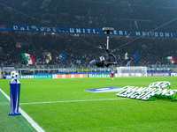 A broadcast 'Spider-Cam' is seen during the UEFA Champions League 2024/25 League Phase MD4 match between FC Internazionale and Arsenal at St...