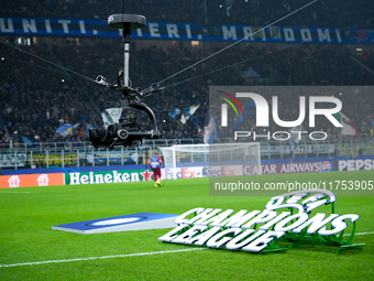 A broadcast 'Spider-Cam' is seen during the UEFA Champions League 2024/25 League Phase MD4 match between FC Internazionale and Arsenal at St...