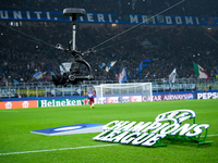 A broadcast 'Spider-Cam' is seen during the UEFA Champions League 2024/25 League Phase MD4 match between FC Internazionale and Arsenal at St...