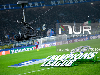 A broadcast 'Spider-Cam' is seen during the UEFA Champions League 2024/25 League Phase MD4 match between FC Internazionale and Arsenal at St...