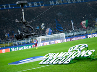 A broadcast 'Spider-Cam' is seen during the UEFA Champions League 2024/25 League Phase MD4 match between FC Internazionale and Arsenal at St...