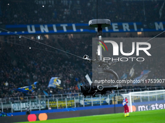 A broadcast 'Spider-Cam' is seen during the UEFA Champions League 2024/25 League Phase MD4 match between FC Internazionale and Arsenal at St...