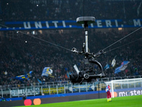 A broadcast 'Spider-Cam' is seen during the UEFA Champions League 2024/25 League Phase MD4 match between FC Internazionale and Arsenal at St...