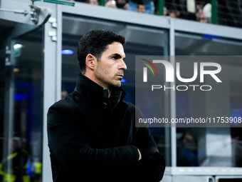 Mikel Arteta Head Coach of Arsenal looks on during the UEFA Champions League 2024/25 League Phase MD4 match between FC Internazionale and Ar...