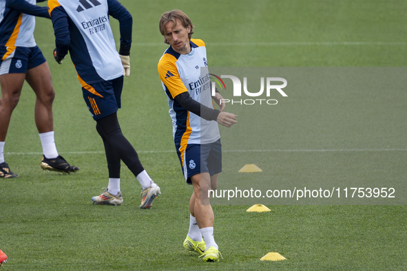 Luka Modric of Real Madrid CF trains during the Real Madrid training session and press conference ahead of the La Liga 2024/25 match against...