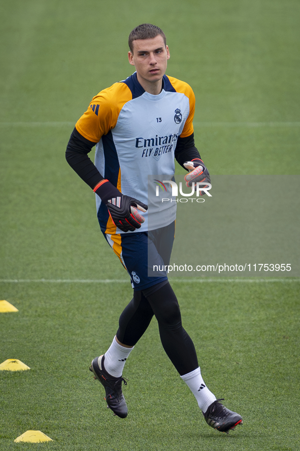 Andriy Lunin of Real Madrid CF trains during the Real Madrid training session and press conference ahead of the La Liga 2024/25 match agains...