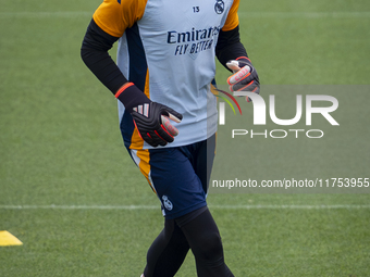 Andriy Lunin of Real Madrid CF trains during the Real Madrid training session and press conference ahead of the La Liga 2024/25 match agains...