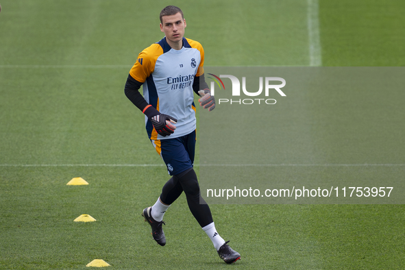 Andriy Lunin of Real Madrid CF trains during the Real Madrid training session and press conference ahead of the La Liga 2024/25 match agains...