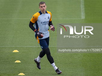 Andriy Lunin of Real Madrid CF trains during the Real Madrid training session and press conference ahead of the La Liga 2024/25 match agains...