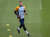 Andriy Lunin of Real Madrid CF trains during the Real Madrid training session and press conference ahead of the La Liga 2024/25 match agains...