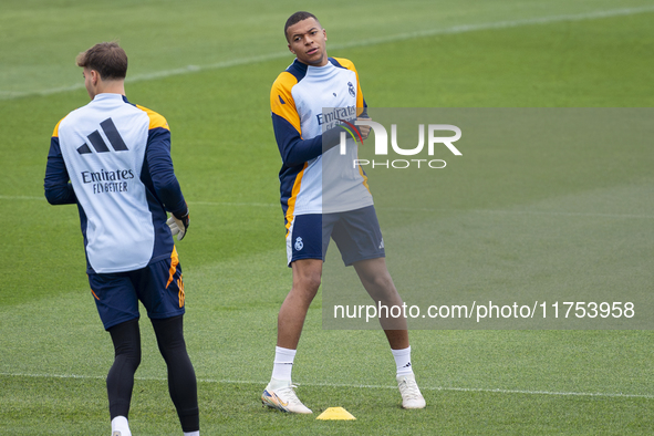 Kylian Mbappe of Real Madrid CF trains during the Real Madrid training session and press conference ahead of the La Liga 2024/25 match again...