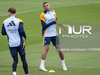 Kylian Mbappe of Real Madrid CF trains during the Real Madrid training session and press conference ahead of the La Liga 2024/25 match again...