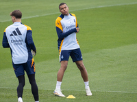 Kylian Mbappe of Real Madrid CF trains during the Real Madrid training session and press conference ahead of the La Liga 2024/25 match again...