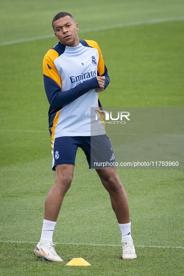 Kylian Mbappe of Real Madrid CF trains during the Real Madrid training session and press conference ahead of the La Liga 2024/25 match again...