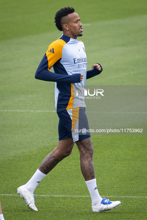 Eder Militao of Real Madrid CF trains during the Real Madrid training session and press conference ahead of the La Liga 2024/25 match agains...